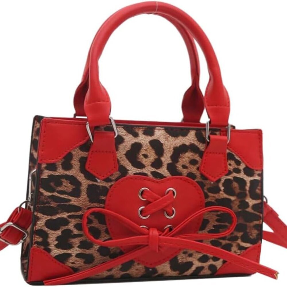 Women's Leopard Print Top Handle Satchel Clutch Purse Bowknot Cheetah Square Han